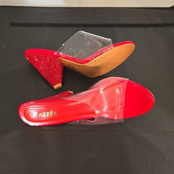 BRAND NEW PAZZLE RHINESTONE HEEL EMBROIDERED CLEAR OPEN-TOE STRAP SANDAL - Picture 10 of 13